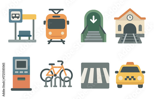 Public transportation icons: bus, tram, metro, train, ticket machine, bicycle, taxi