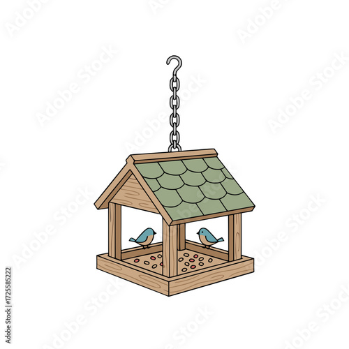 Flat drawn bird feeder illustration in natural colors against a white background