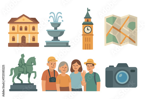 Travel icons: diverse group exploring iconic landmarks and maps