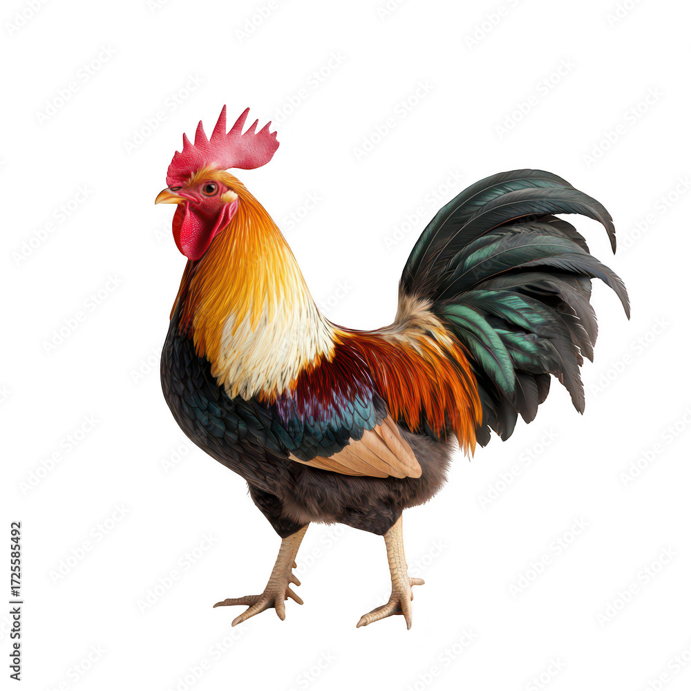 Fototapeta premium A vibrant. colorful rooster stands proudly against a plain background. its majestic feathers and posture. symbolizing farm life and natures beauty. ideal for agricultural or wildlife themes