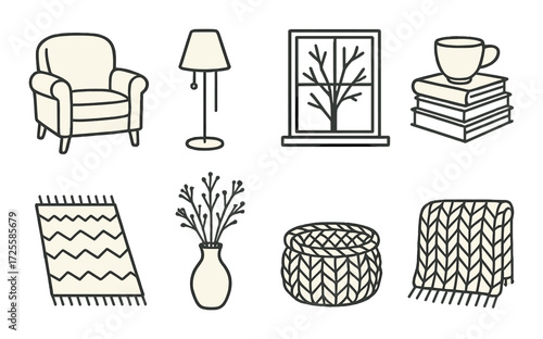 Cozy interior sketches featuring armchair, lamp, rug, mug, window, and decor items