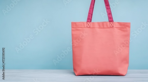 A coral pink reusable tote bag with pink straps sits on a light wooden surface against a pale blue background perfect for mockup designs and ing projects.