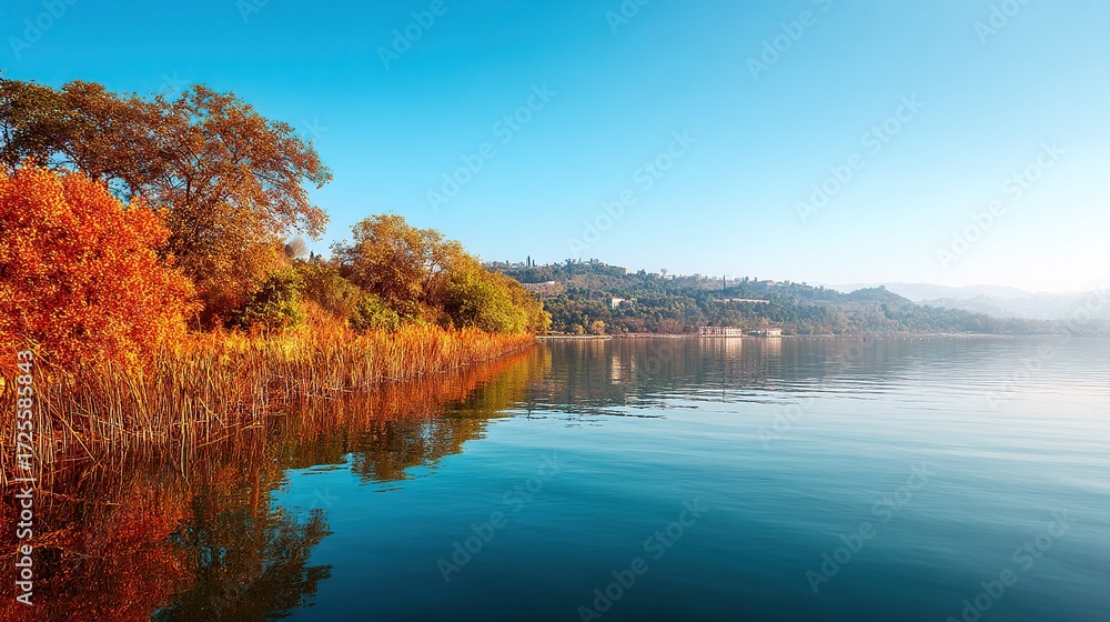 Fototapeta premium A beautiful autumn landscape, showcasing a mountain lake, orange leaves, and a clear blue sky, displays the vivid colors of the season — perfect for wallpaper.