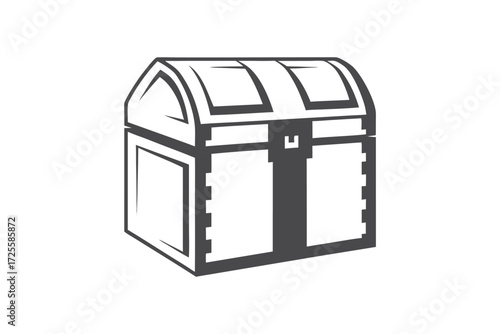 A stylized gray treasure chest with curved lid is centrally displayed on white