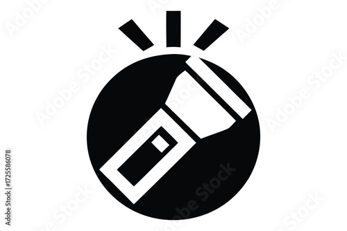 An isolated icon presents a flashlight illuminating a black circular shape with white details
