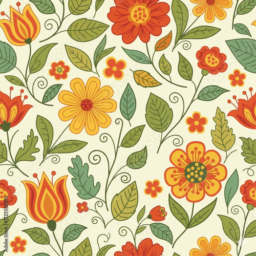 Seamless Botanical Floral Pattern – Colorful Decorative Flower and Leaf Background