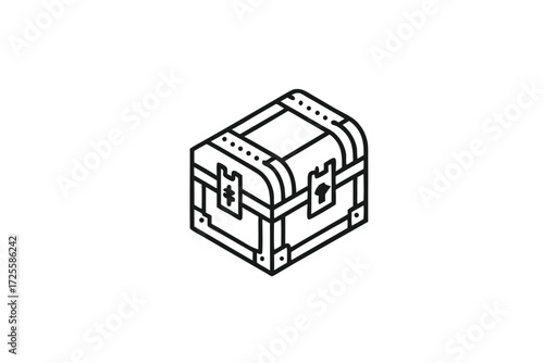 An isometric black line drawing shows a vintage box, appearing as a treasure chest