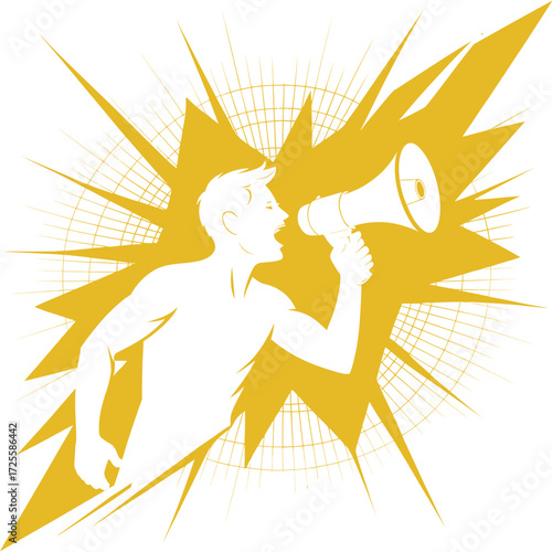 Golden silhouette illustration of an activist yelling into a megaphone with a sound wave burst
