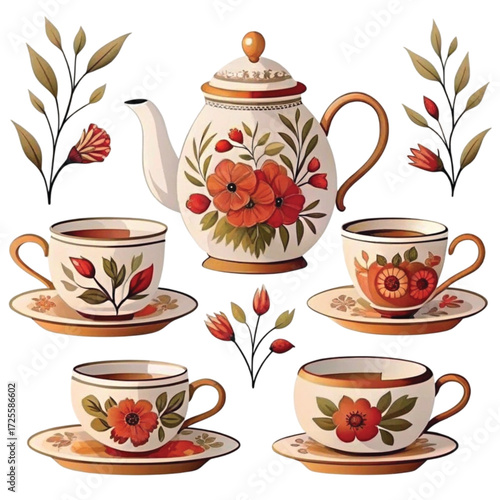 Vintage floral tea set with teapot and cups on white background  