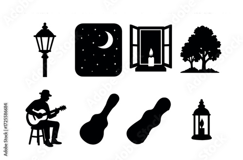 Silhouettes of nighttime scenes: guitarist, candle, tree, moonlit window