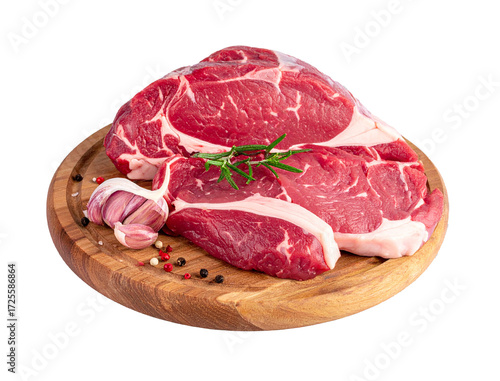 Raw meat on wooden cutting board – fresh red meat steak ready for cooking