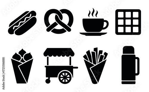 Silhouette icon set of classic street food favorites and beverages