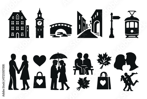 Silhouettes of romantic urban scenes with couples and city landmarks