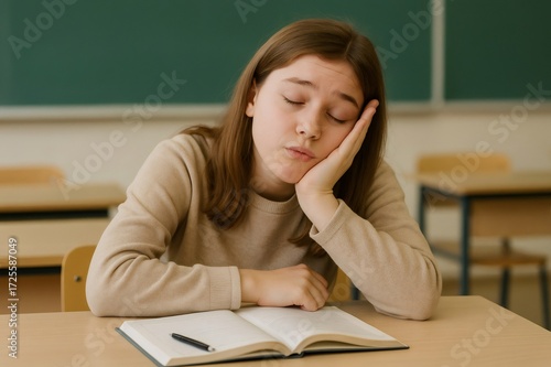 Tired student dozing off during class with head resting on hand, struggling to stay awake while studying