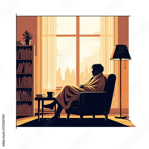 Serene individual wrapped in blanket enjoys warm beverage while gazing at city skyline through large window from cozy armchair.