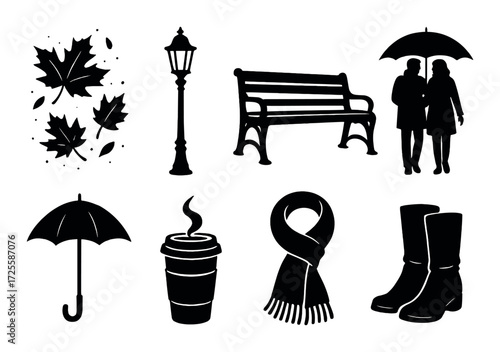 Autumn silhouette icons: leaves, umbrella, coffee, and boots