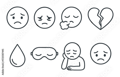 Sad emoji set with tear, broken heart, sleep mask, and sad expressions
