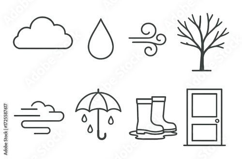 Weather icons set including cloud, raindrop, wind, tree, umbrella, boots, door