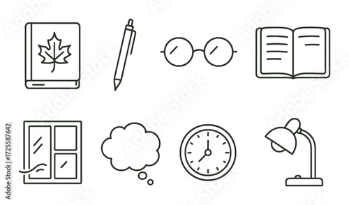 Vector icons: book, pen, glasses, open book, window, thought bubble, clock, lamp on green background