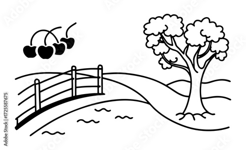 Simple Countryside Landscape with Tree Bridge Water and Cherries in Black and White on white background