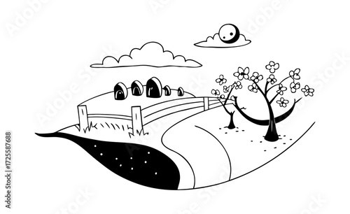Hand Drawn Landscape with Cemetery Fence Tree Path and Clouds Illustration on white background