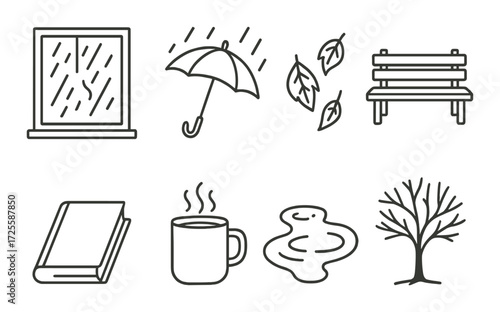 Autumn outline icons: rainy window, umbrella, leaves, bench, book, coffee, puddle, bare tree