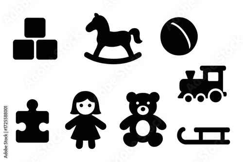 Silhouettes of classic toys: teddy bear, puzzle, train, doll, horse, ball, blocks, sled