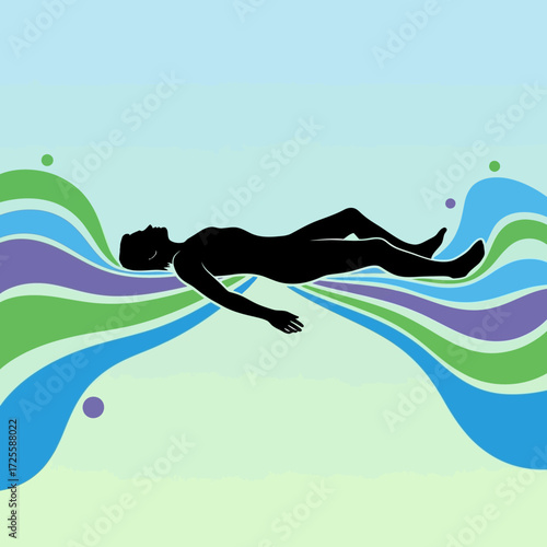 Find ultimate peace and tranquility floating weightlessly amidst vibrant, flowing waves of color, a serene escape from daily stress