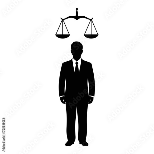 Professional silhouette of a businessman standing beneath balanced scales symbolizing justice and fairness in legal or ethical decisions