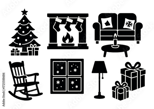 Cozy winter scene with fireplace christmas tree and gifts silhouettes