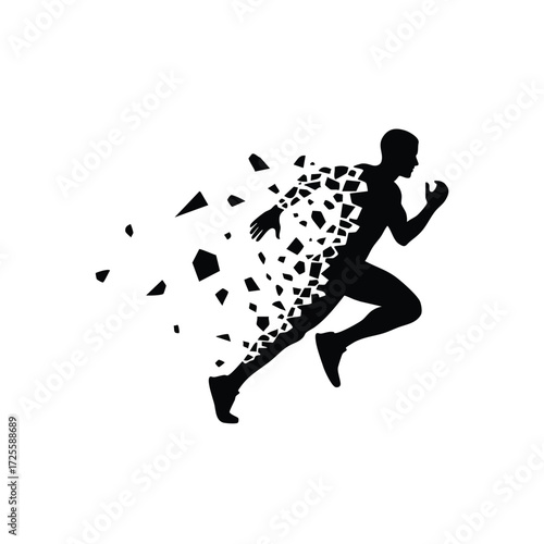 Dynamic silhouette of a runner breaking apart into fragments, symbolizing speed and motion in sports.