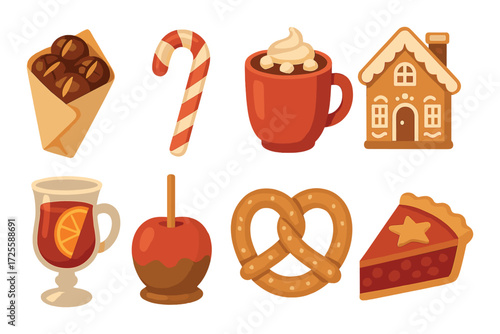 Festive holiday treats: chocolate, candy cane, hot cocoa, gingerbread, mulled wine, caramel apple, pretzel, pie