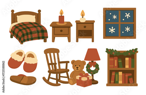 Cozy christmas bedroom with festive decor and gifts in warm lighting