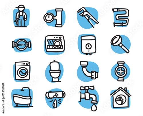 Plumbing. Set of hand-drawn conceptual illustrations. Cartoon style in vector.