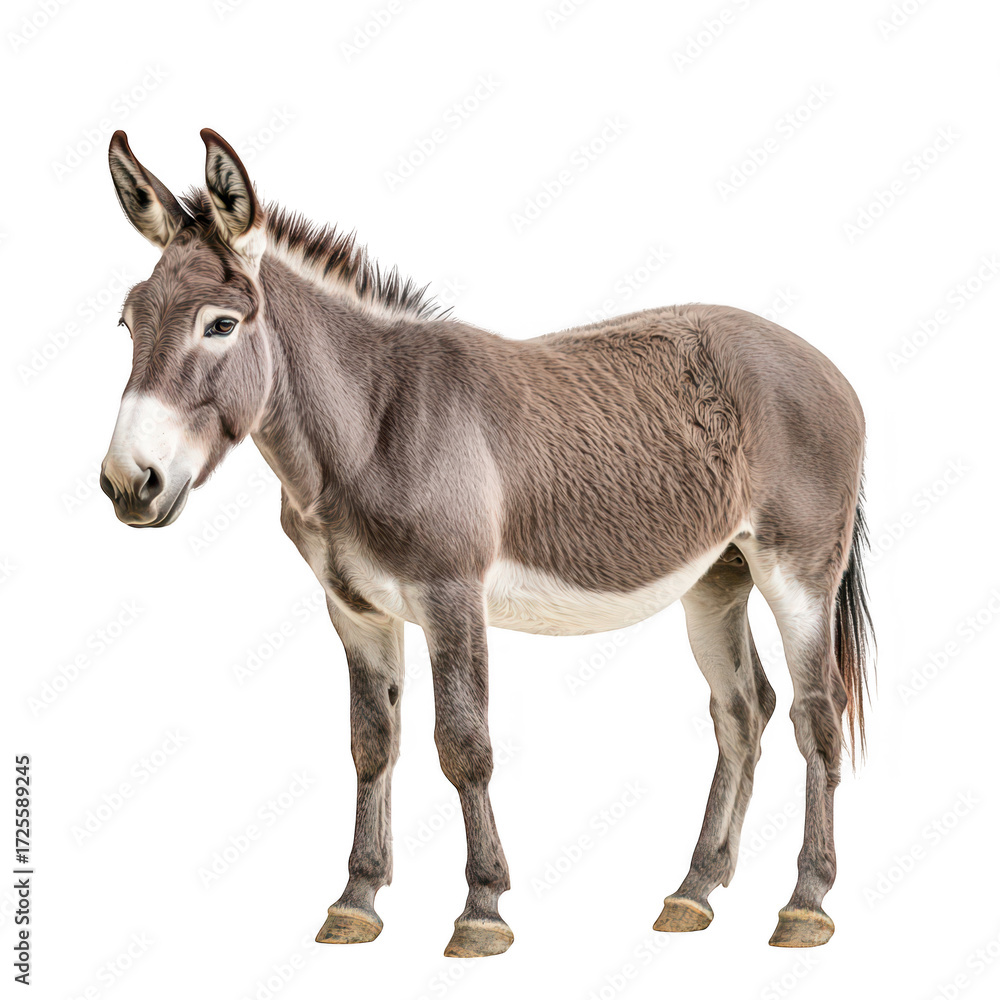 Fototapeta premium A standing donkey with a grayish coat and distinctive features. its natural posture against a plain white background. ideal for educational purposes or animal-related content
