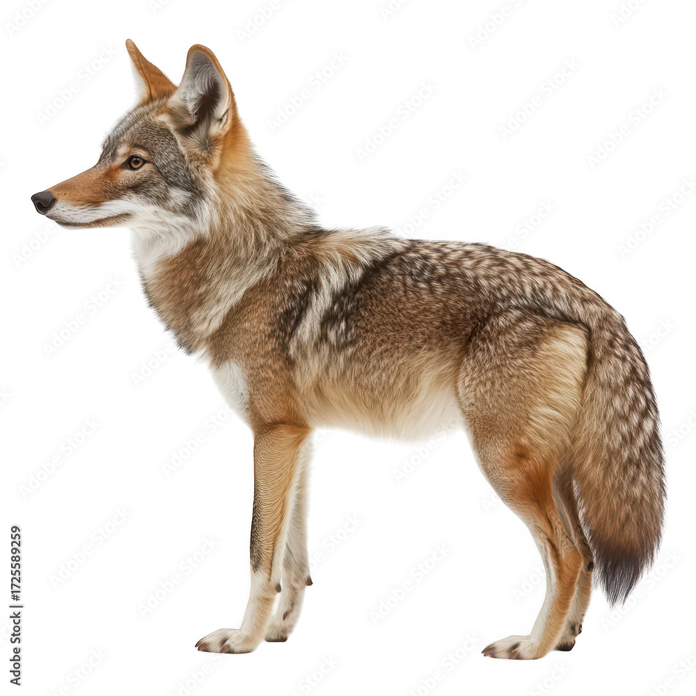 Fototapeta premium A side profile of a healthy coyote standing gracefully. its sleek fur and alert demeanor. set against a clean white background. ideal for wildlife education and nature conservation