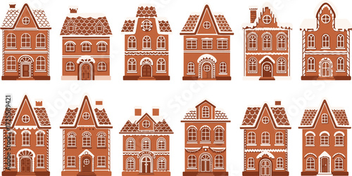 Gingerbread house vector set, festive holiday illustration, Christmas cookie design, winter sweets art, decorative dessert theme, seasonal graphic collection