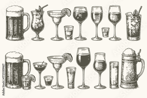Vintage Black and White Alcoholic Beverage Glassware Set with Engraved Bar Style and Garnishes