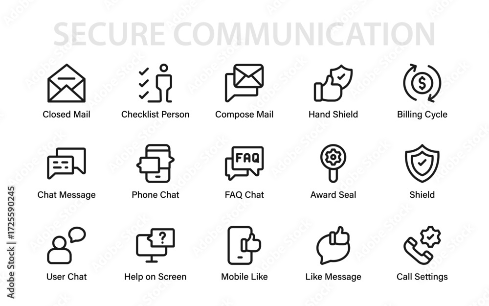 Fototapeta premium Modern line icon set featuring shield, chat, FAQ, mail, call, settings, billing, checklist, and support elements for communication and security design.