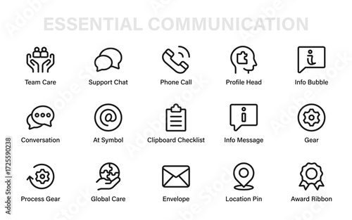 Essential communication and support icons set with chat, info, gear, phone, team care, award, location, and profile symbols for business use