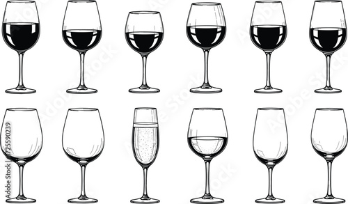 Wine glass vector set, red and sparkling wine illustration, elegant drinkware design, beverage comparison chart, stylish barware, alcohol theme