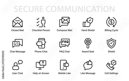 Modern line icon set featuring shield, chat, FAQ, mail, call, settings, billing, checklist, and support elements for communication and security design.
