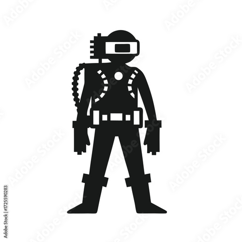 Black silhouette figure wearing VR headset and futuristic suit stands isolated on white