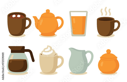 Colorful beverage collection: teapots, mugs, glasses, and creamers