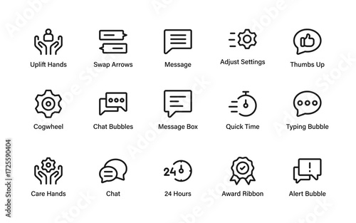 Essential communication and support line icon set with message bubbles, alerts, settings, care hands, award ribbons, quick time, and swap arrows