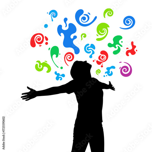 Woman embracing vibrant ideas and creative energy with open arms and mind, symbolizing inspiration and innovation.