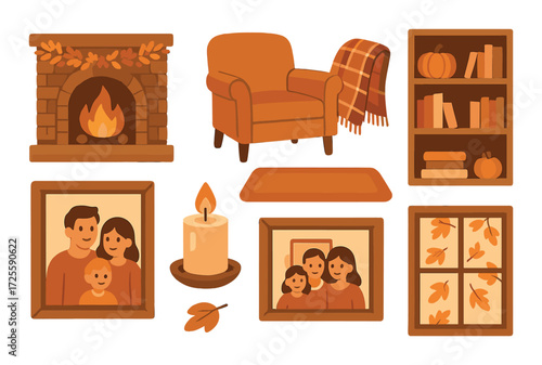 Cozy autumn-themed living room with family portraits and fireplace