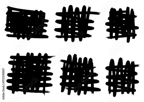 Abstract scribbled squares, a graphic element of six black squares with rough lines on a white background