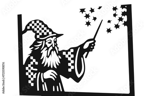 Black silhouette shows a wizard with a checkered hat casting a star spell