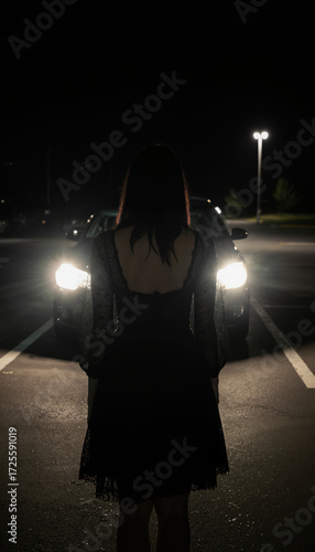Gothic young woman in lace top and skirt, dramatic silhouette framed by harsh twin headlights in a dark parking lot, moody retro alternative style illustration